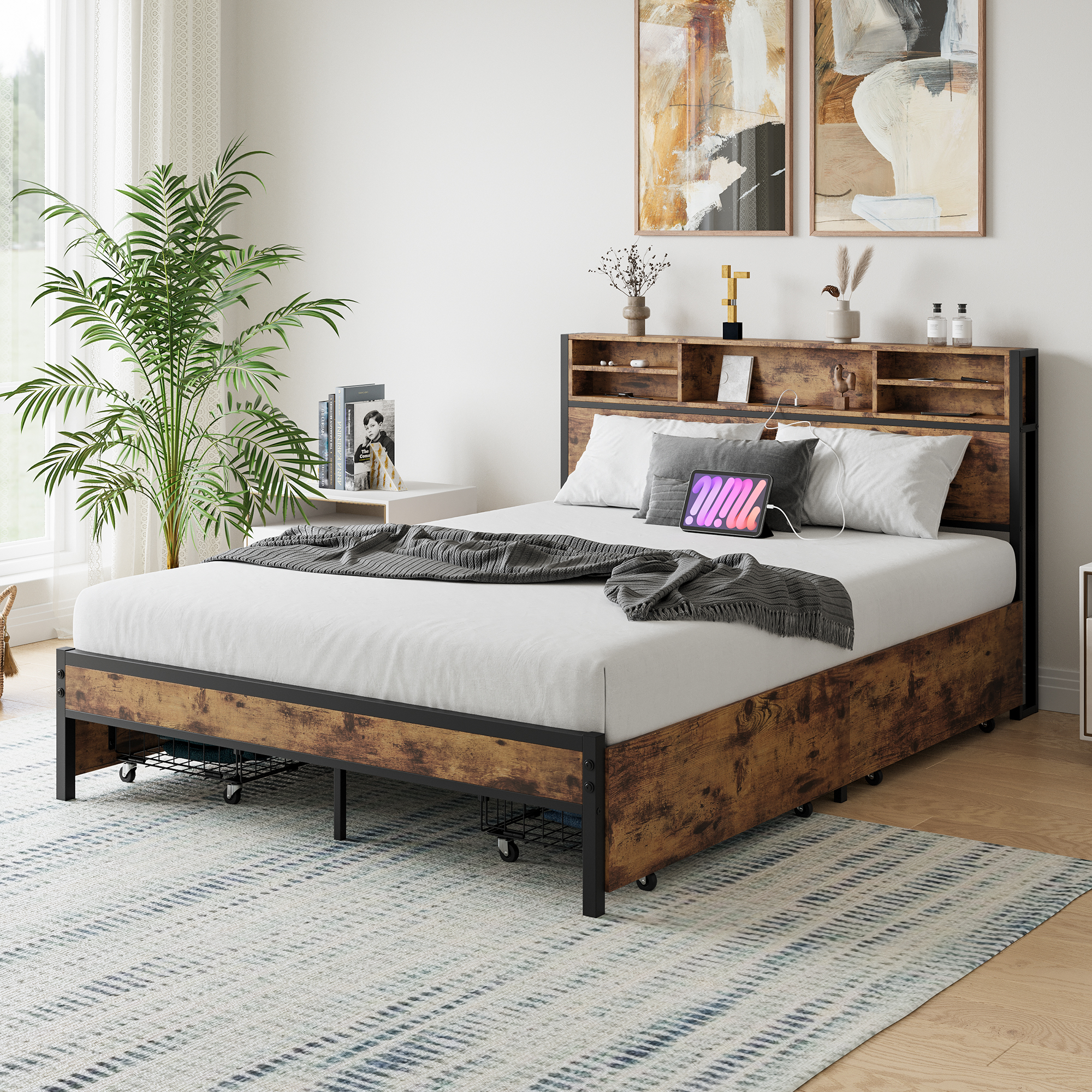 Solid Queen Size Platform Bed with 4 Drawers