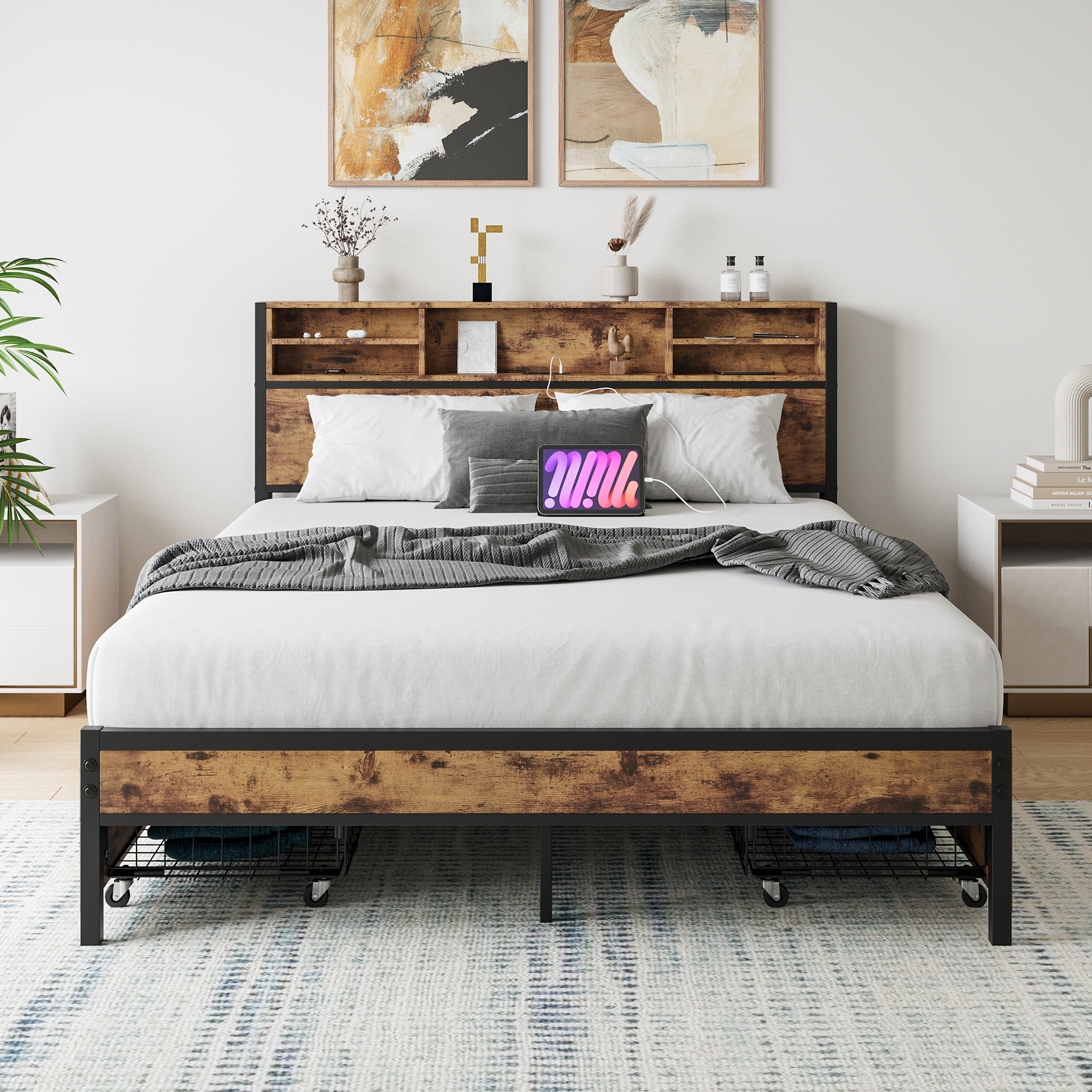Solid Queen Size Platform Bed with 4 Drawers