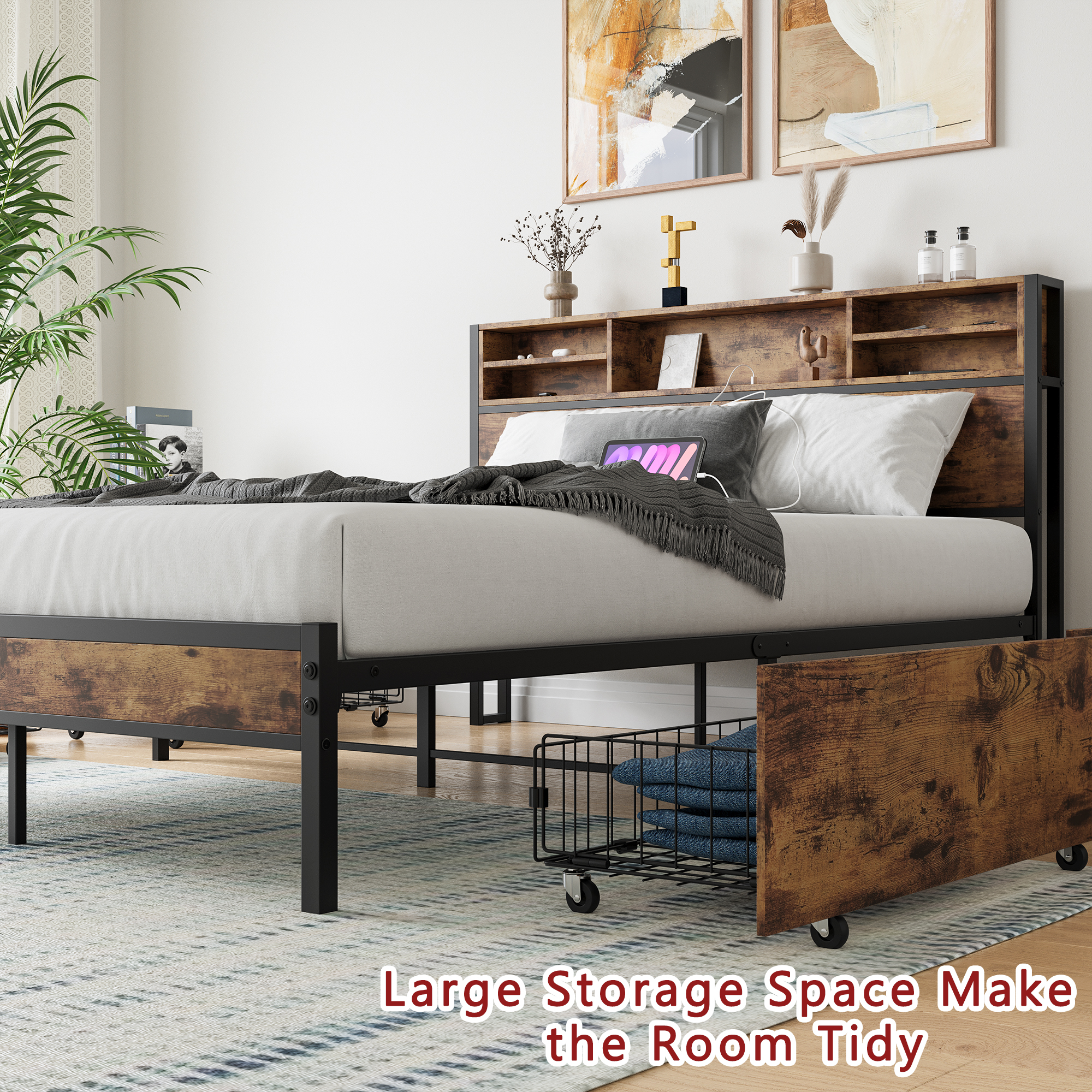 Solid Queen Size Platform Bed with 4 Drawers