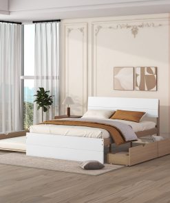 Modern Full Bed Frame With Twin Size Trundle And 2 Drawers