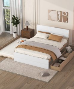 Modern Full Bed Frame With Twin Size Trundle And 2 Drawers
