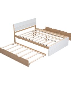Modern Full Bed Frame With Twin Size Trundle And 2 Drawers