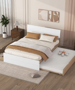 Modern Full Bed Frame With Twin Size Trundle And 2 Drawers