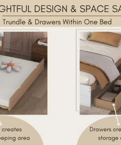 Modern Full Bed Frame With Twin Size Trundle And 2 Drawers