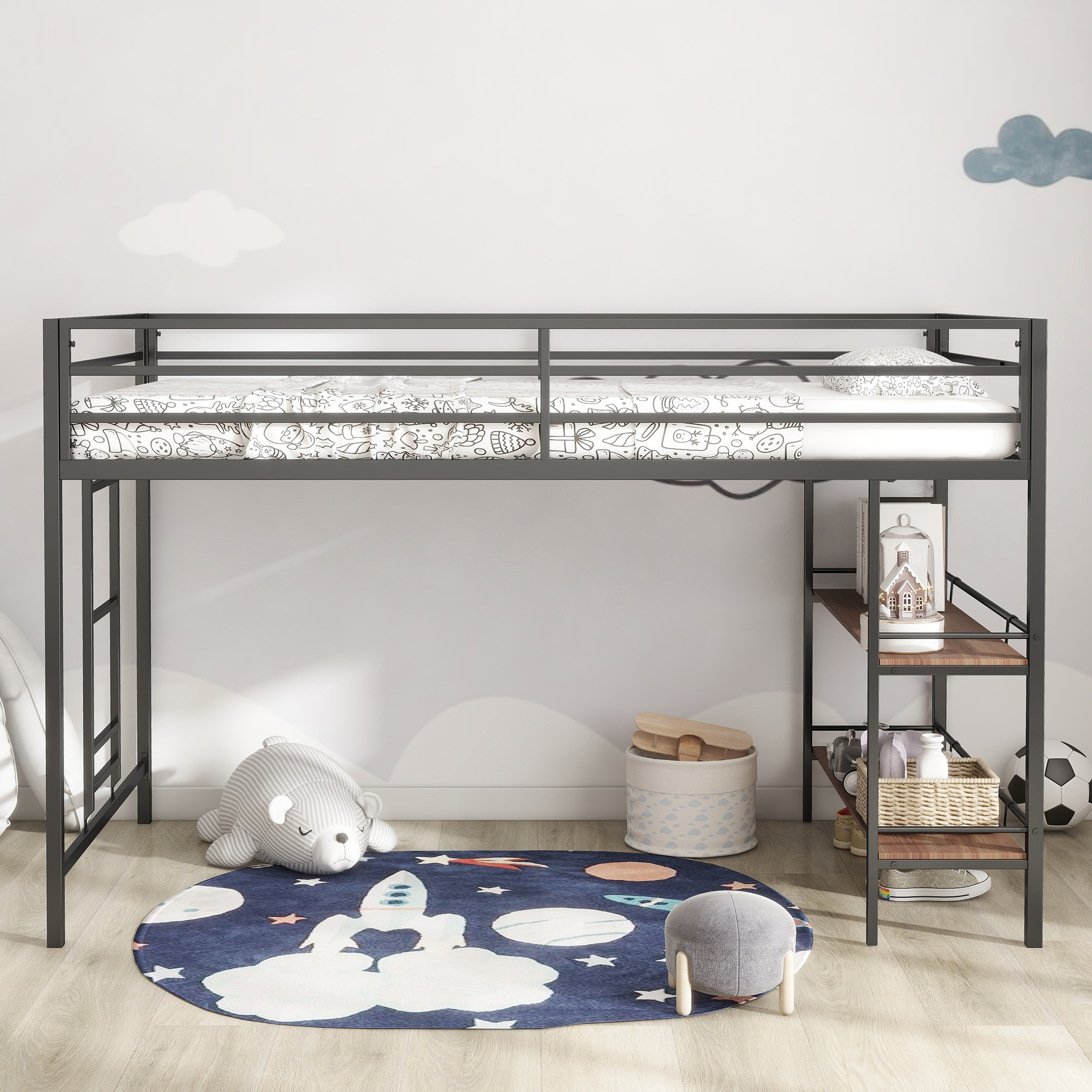 Twin Loft Bed With Cinnamon Wood Shelf
