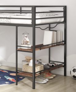 Twin Loft Bed With Cinnamon Wood Shelf