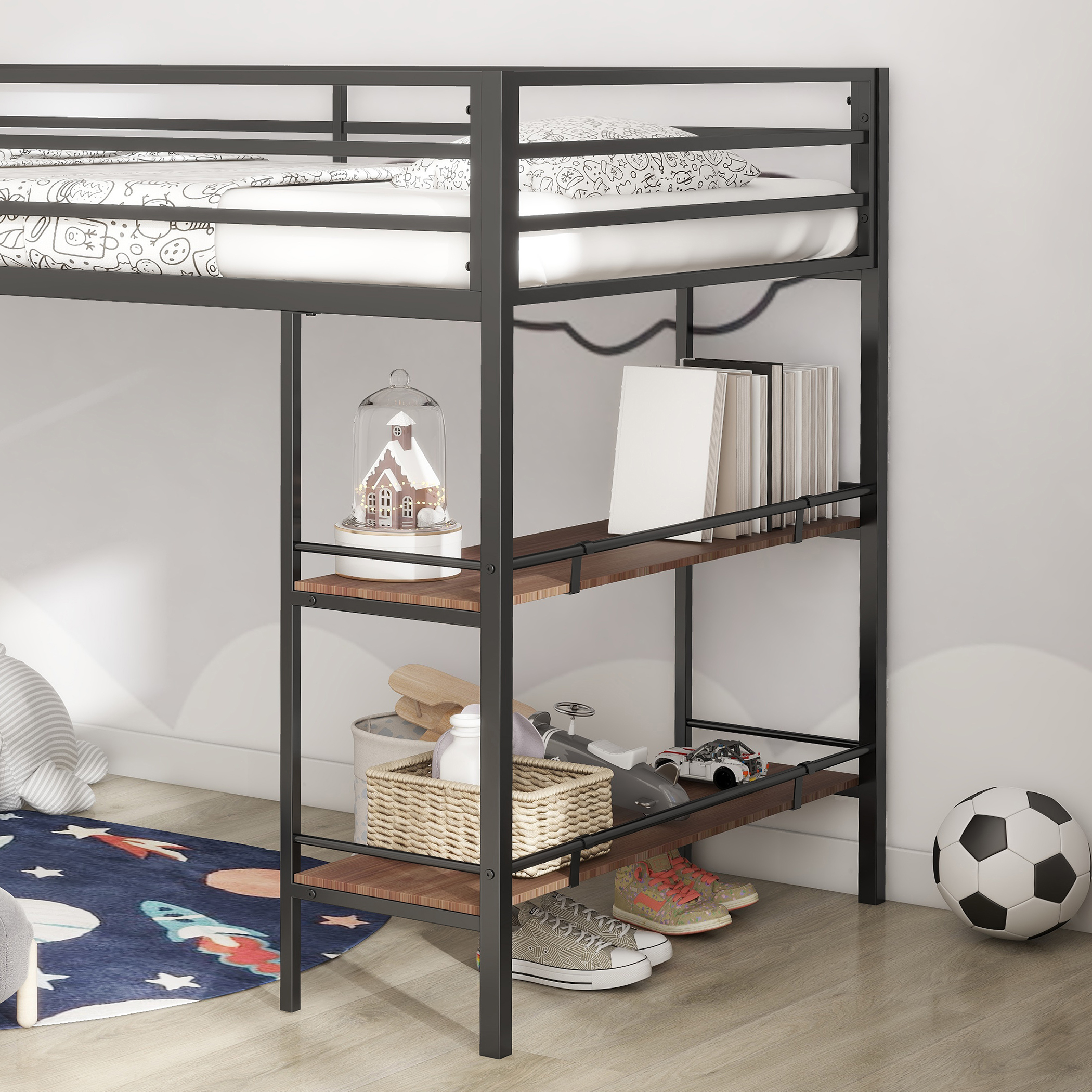 Twin Loft Bed With Cinnamon Wood Shelf