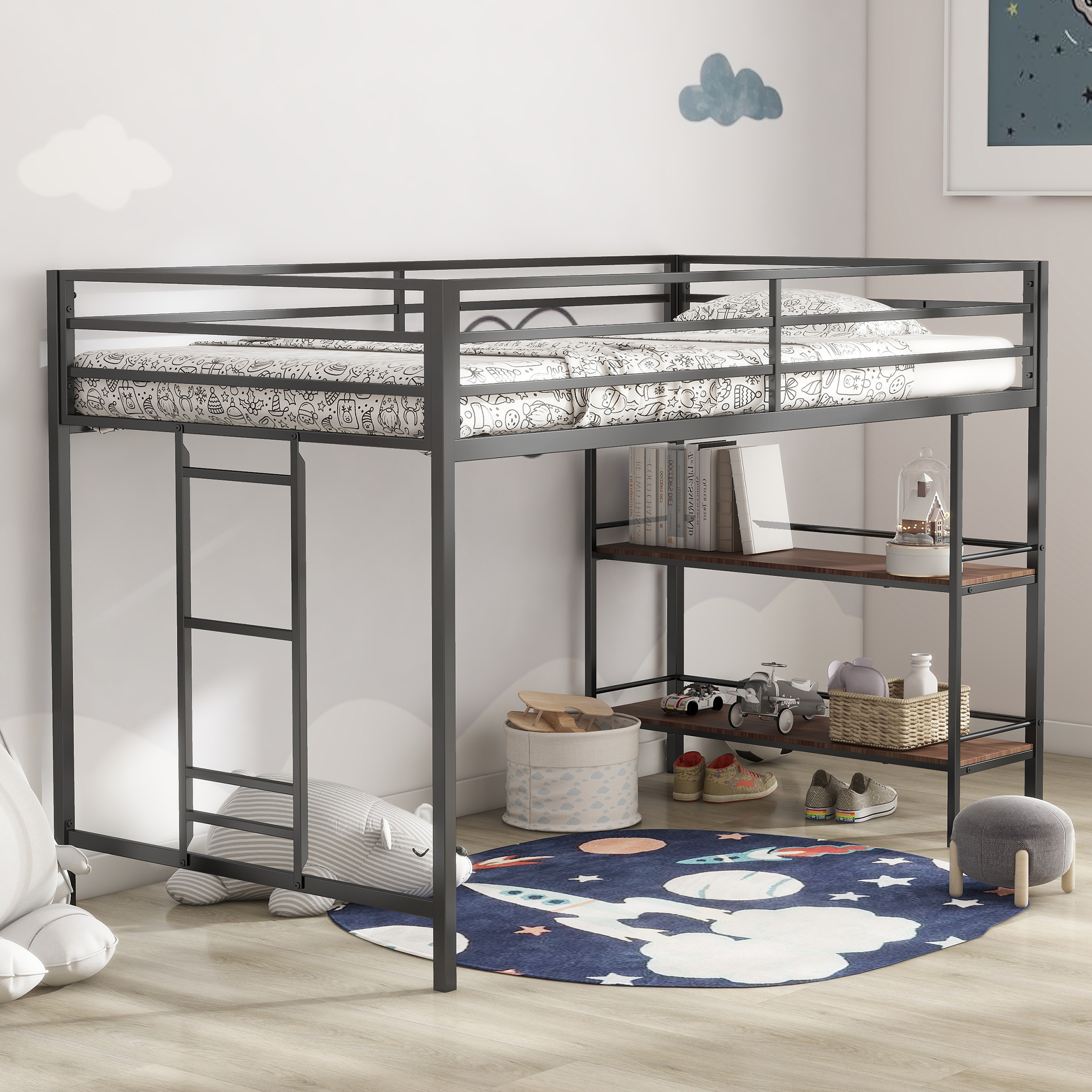 Twin Loft Bed With Cinnamon Wood Shelf