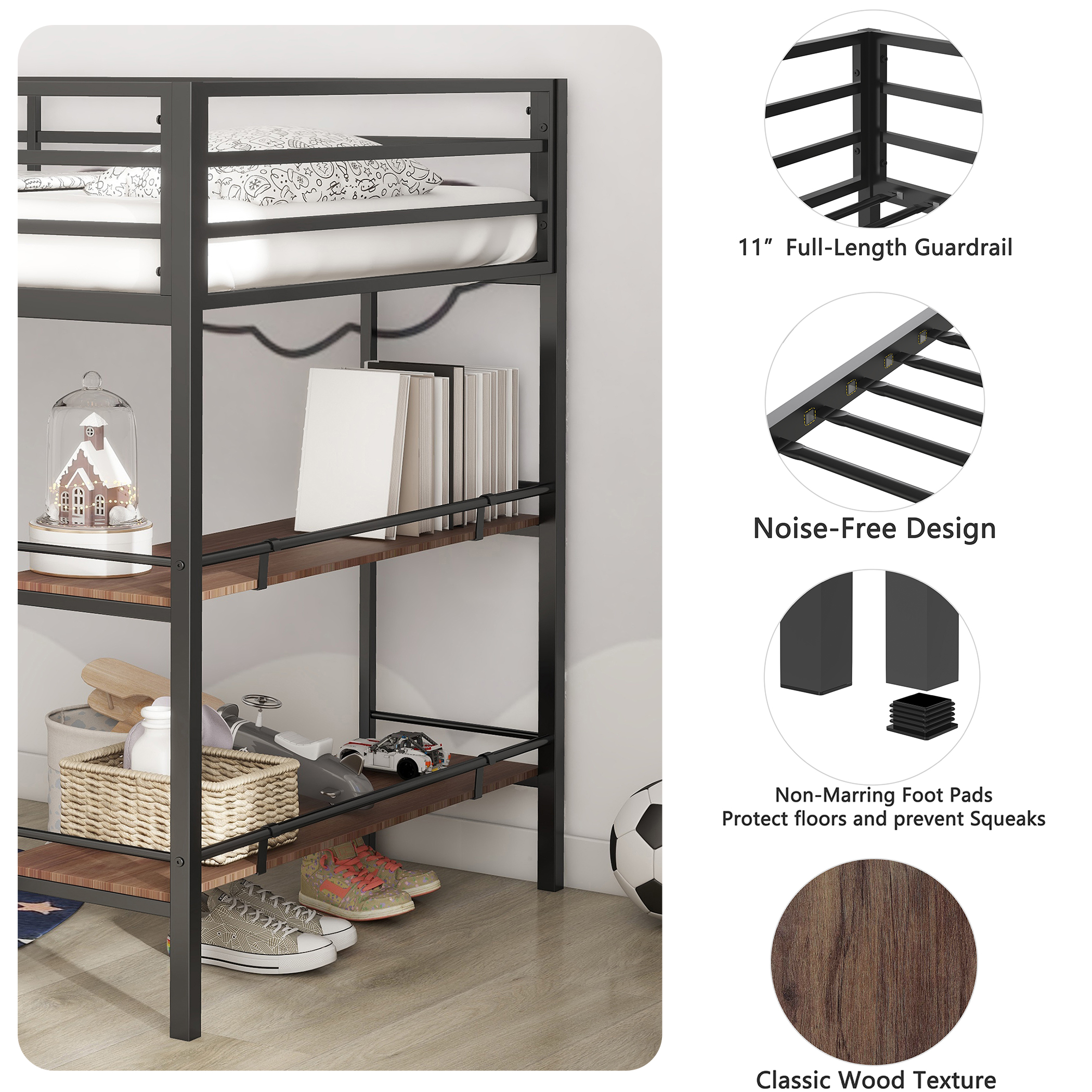 Twin Loft Bed With Cinnamon Wood Shelf