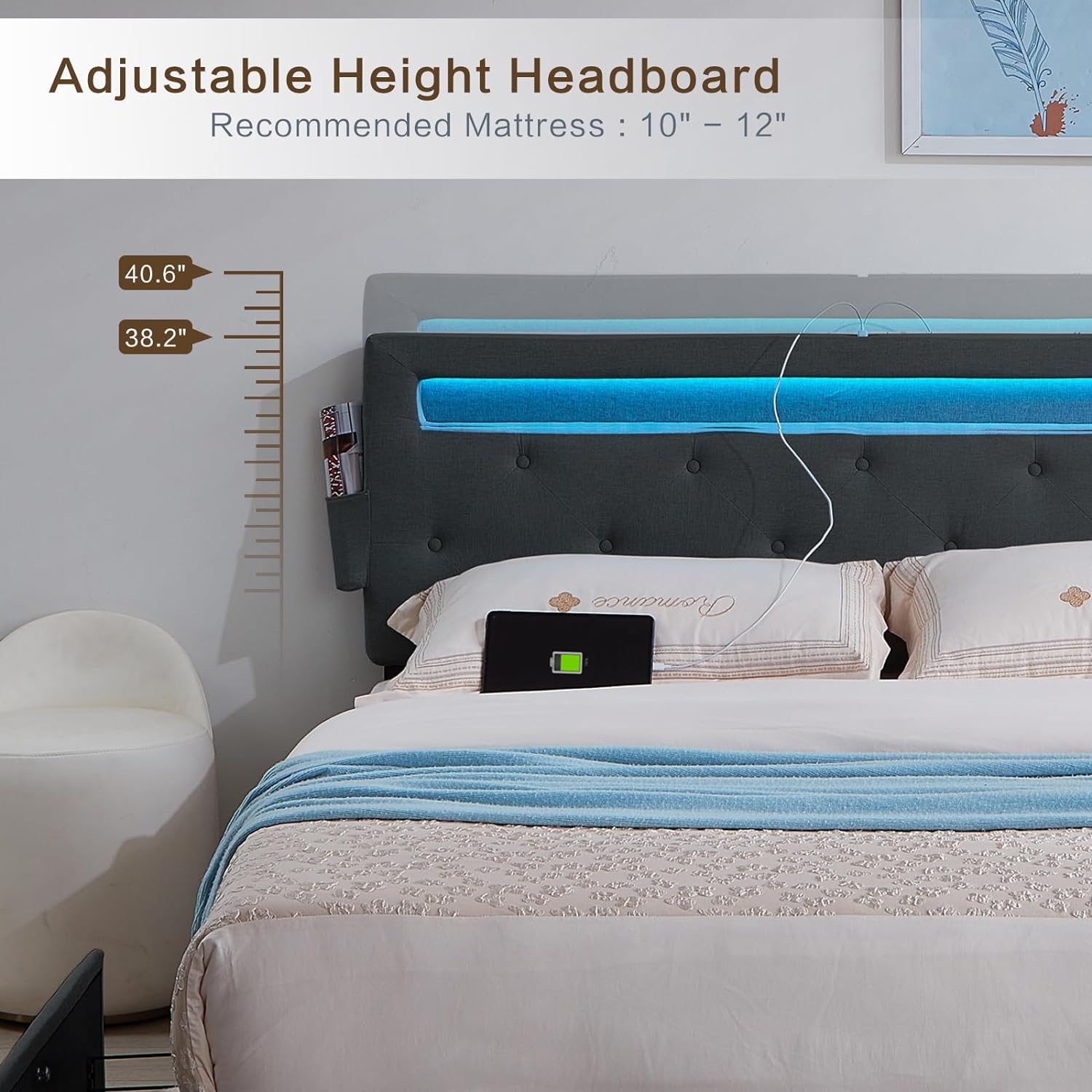 Queen Bed Frame with USB Charging Station & LED Lights