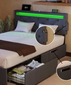 Queen Bed Frame with USB Charging Station & LED Lights