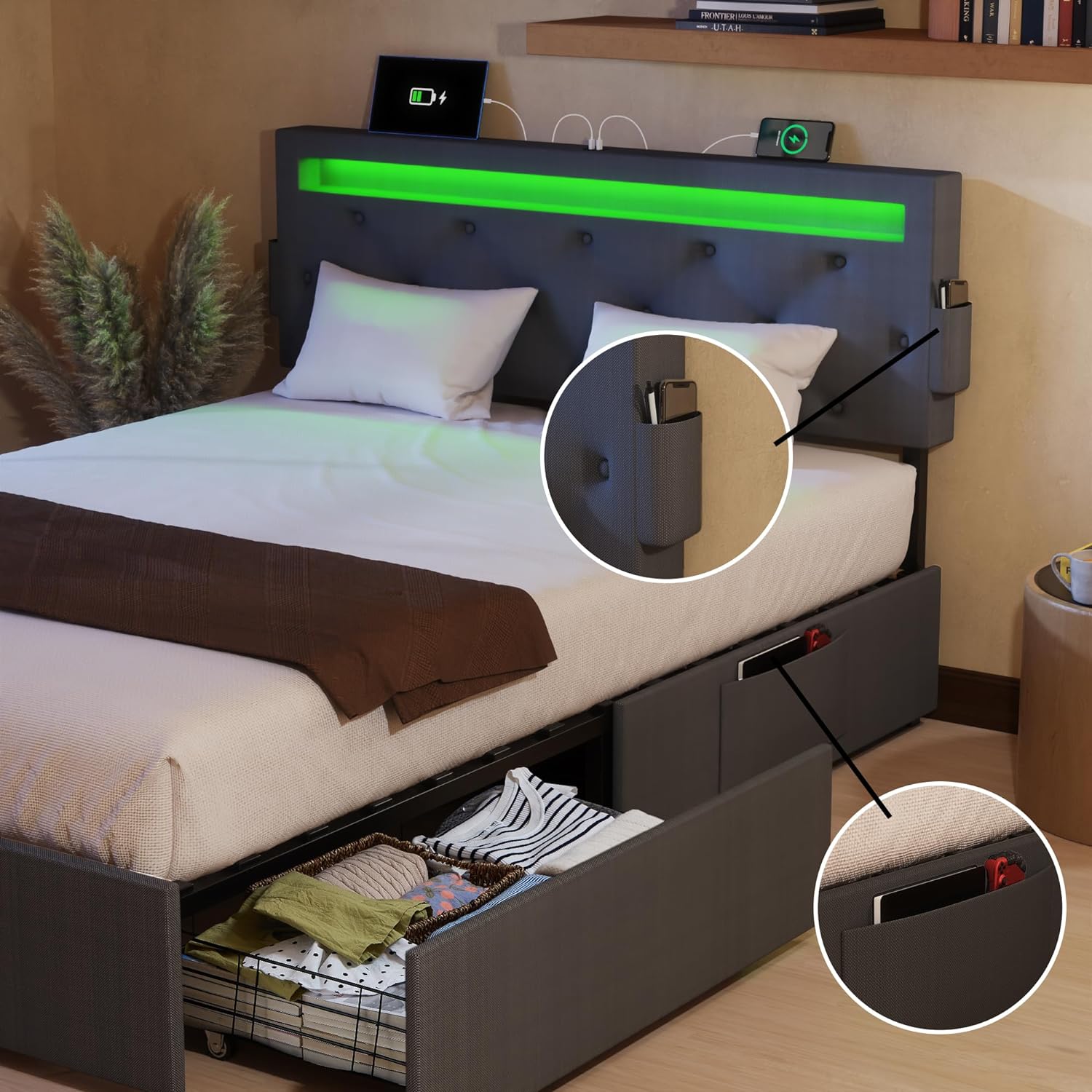 Queen Bed Frame with USB Charging Station & LED Lights