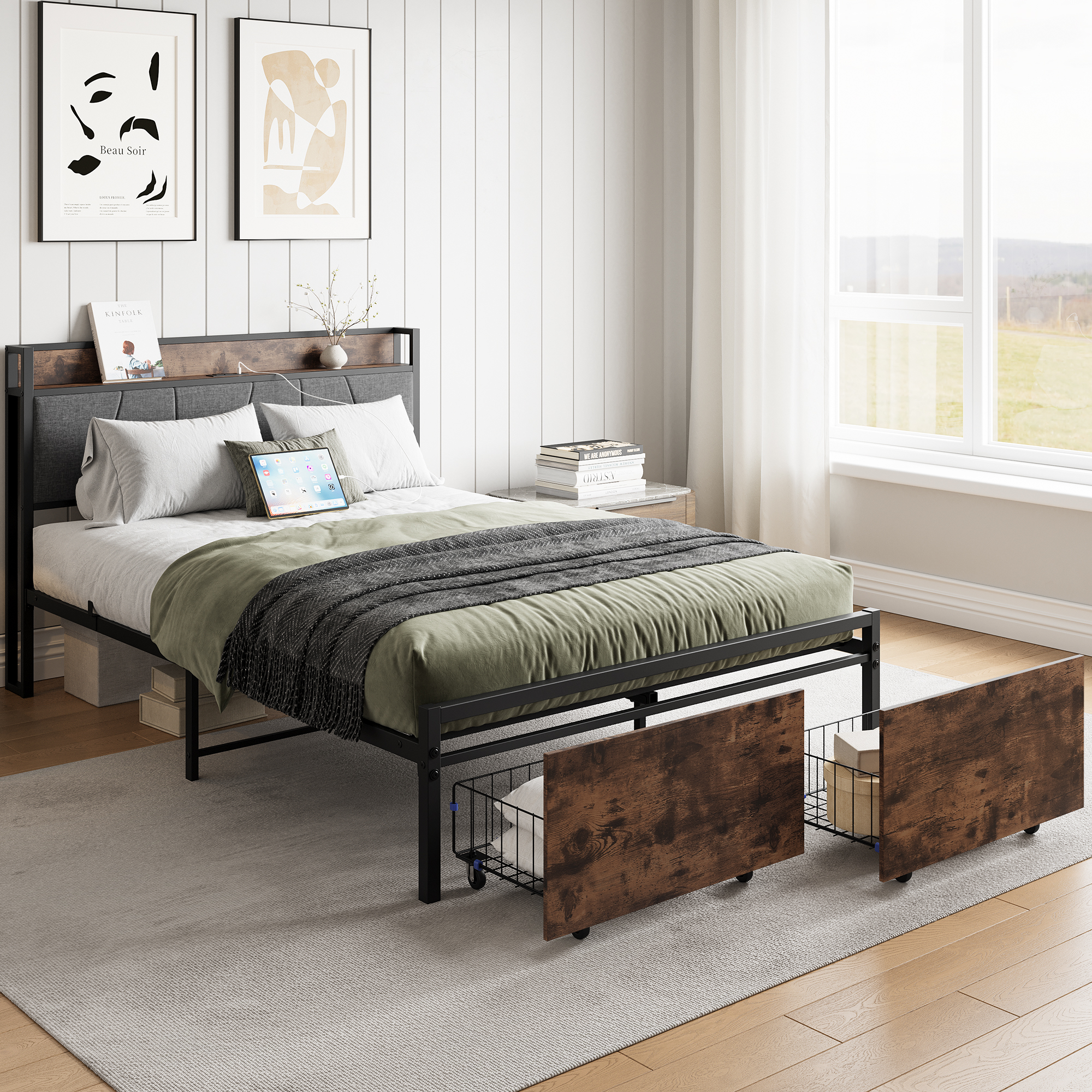 Solid Full Size Platform Bed with 2 Drawers
