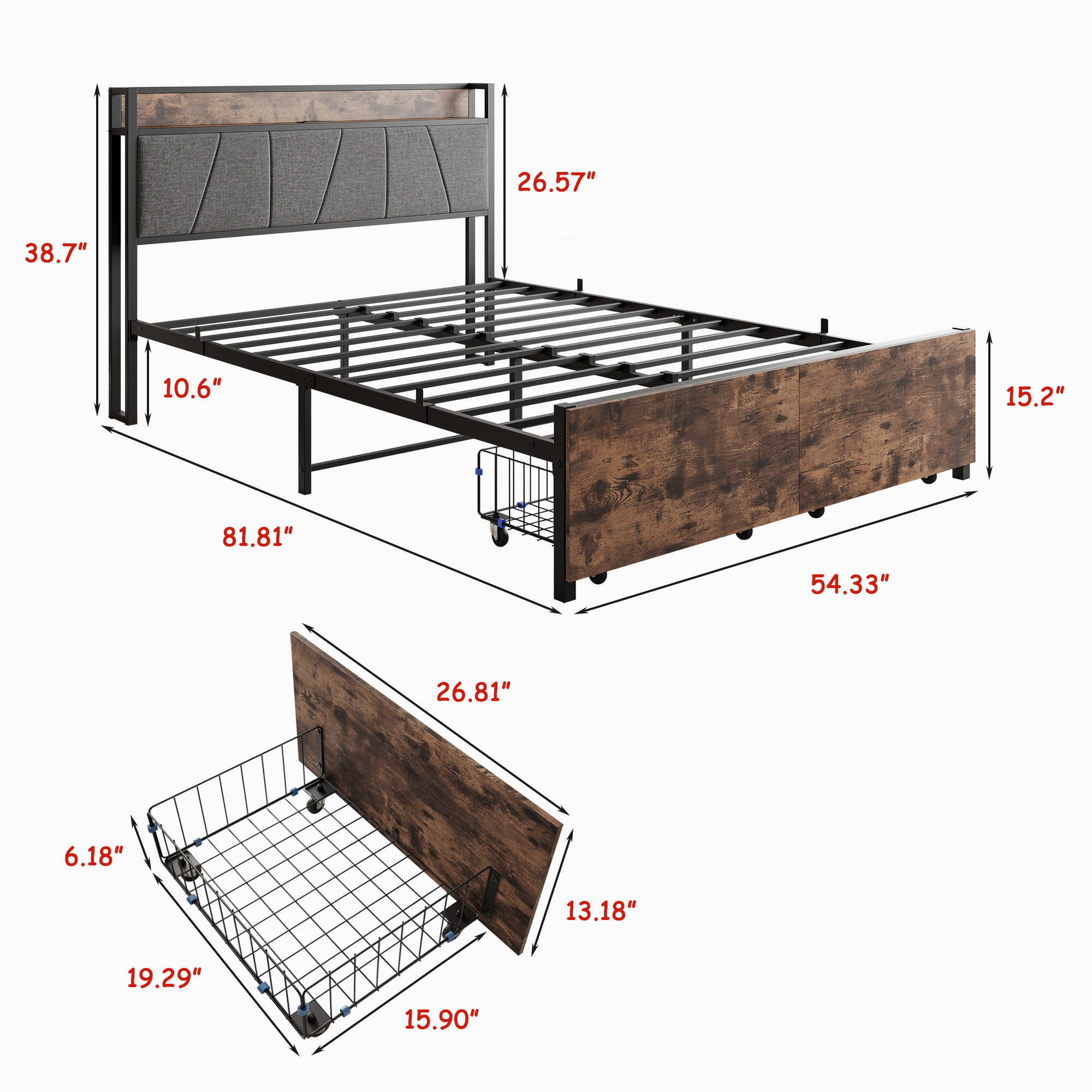 Solid Full Size Platform Bed with 2 Drawers