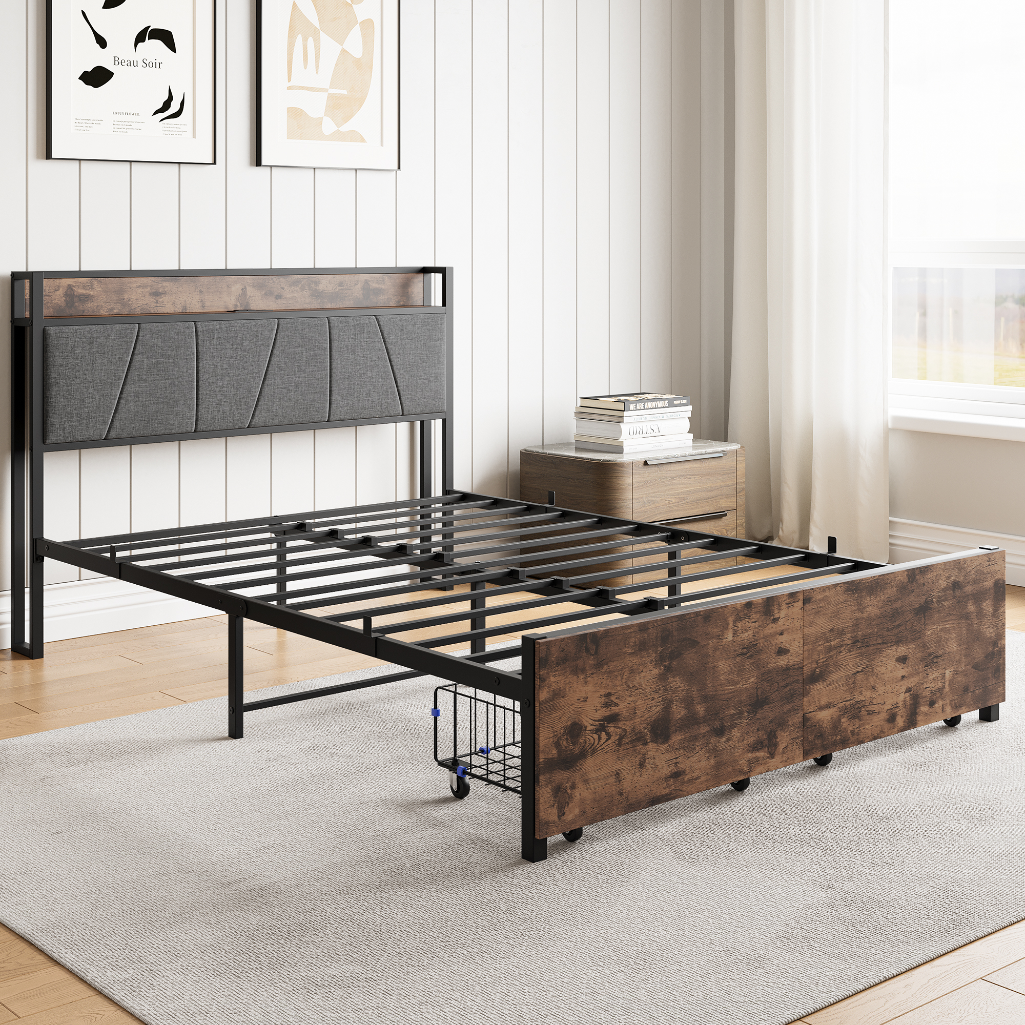 Solid Full Size Platform Bed with 2 Drawers