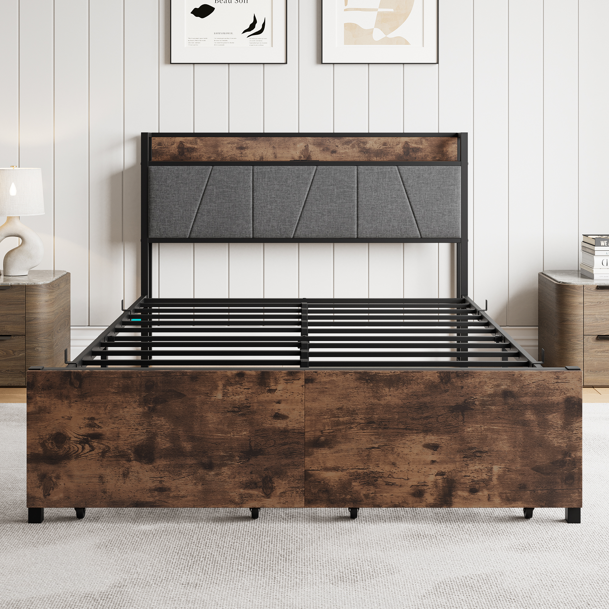 Solid Full Size Platform Bed with 2 Drawers