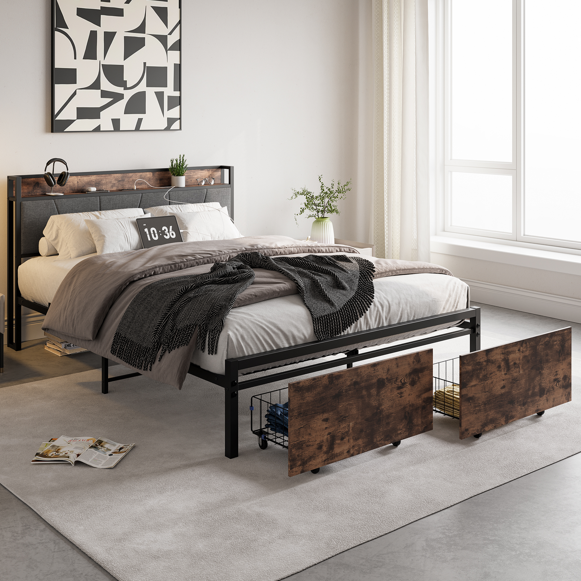 Solid Queen Size Platform Bed with 2 Drawers