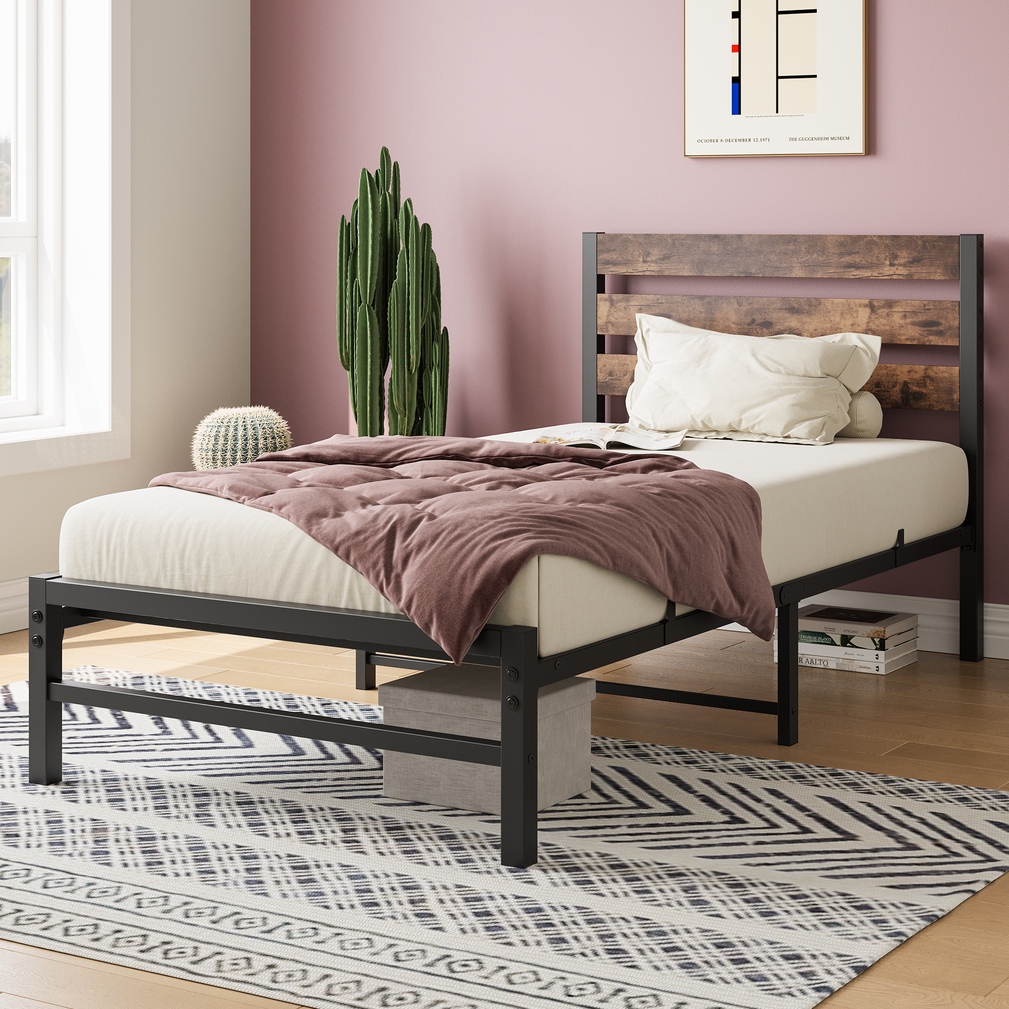 Twin Size Platform Bed Frame With Headboard