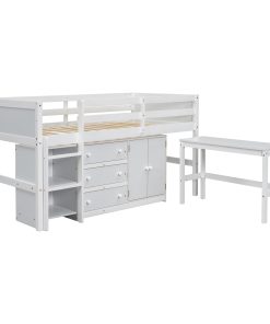 Twin Size Low Loft Bed With Pull-Out Desk, Drawers, Cabinet, and Shelves