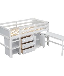 Twin Size Low Loft Bed With Pull-Out Desk, Drawers, Cabinet, and Shelves