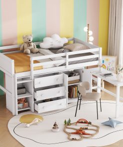 Twin Size Low Loft Bed With Pull-Out Desk, Drawers, Cabinet, and Shelves