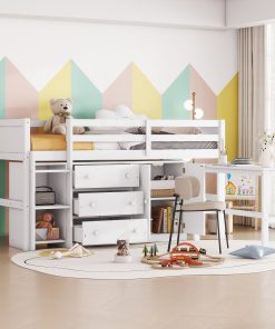 Twin Size Low Loft Bed With Pull-Out Desk, Drawers, Cabinet, and Shelves