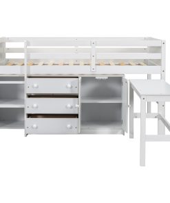 Twin Size Low Loft Bed With Pull-Out Desk, Drawers, Cabinet, and Shelves