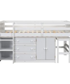 Twin Size Low Loft Bed With Pull-Out Desk, Drawers, Cabinet, and Shelves