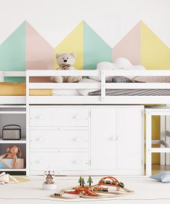 Twin Size Low Loft Bed With Pull-Out Desk, Drawers, Cabinet, and Shelves