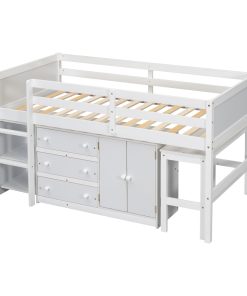 Twin Size Low Loft Bed With Pull-Out Desk, Drawers, Cabinet, and Shelves