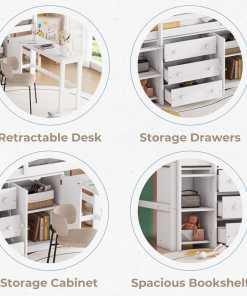 Twin Size Low Loft Bed With Pull-Out Desk, Drawers, Cabinet, and Shelves