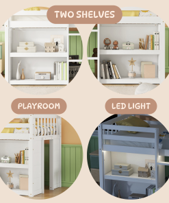 Twin Size Kid Low Loft Bed With Two-tier Shelves and LED Light