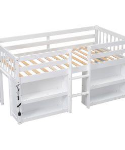 Twin Size Kid Low Loft Bed With Two-tier Shelves and LED Light