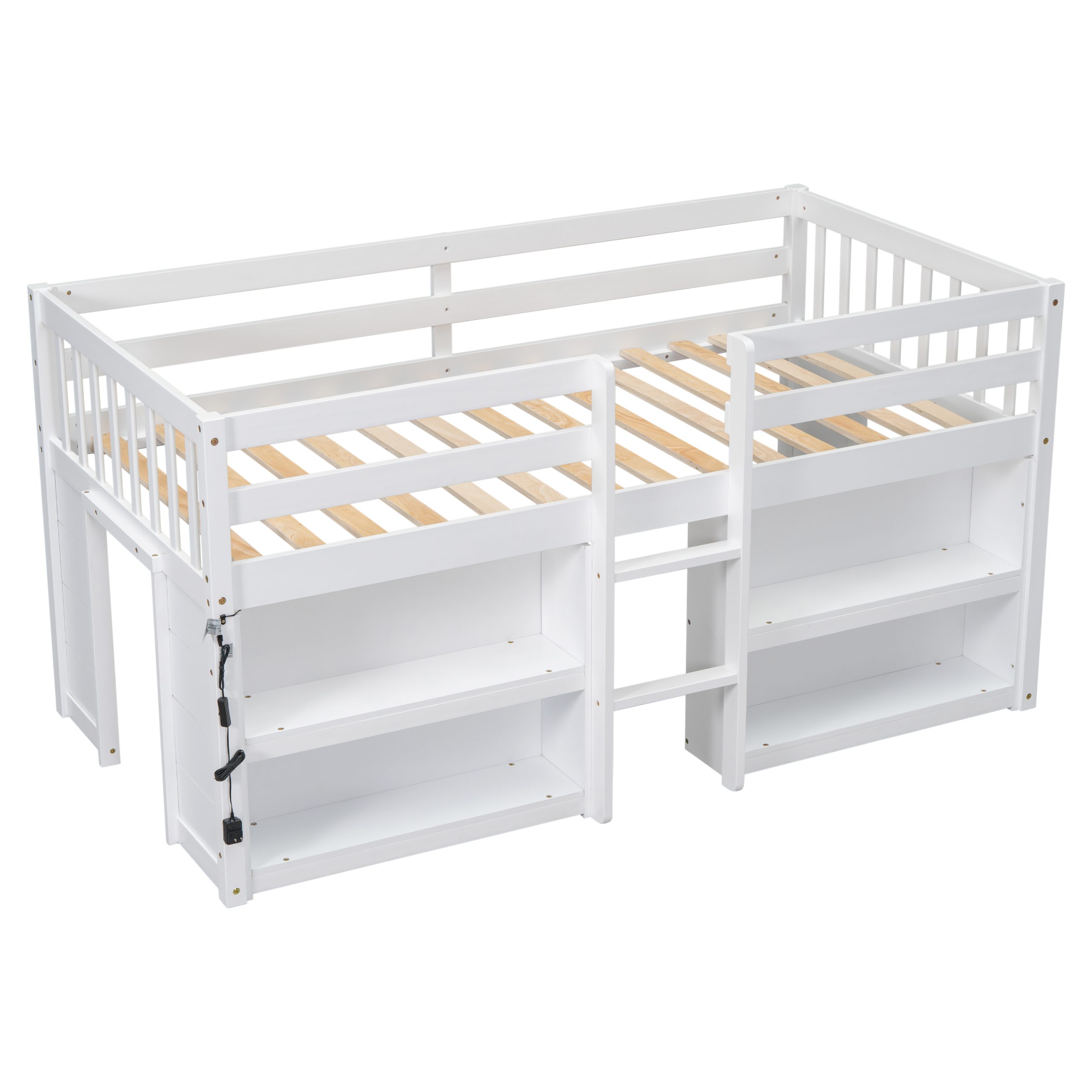 Twin Size Kid Low Loft Bed With Two-tier Shelves and LED Light