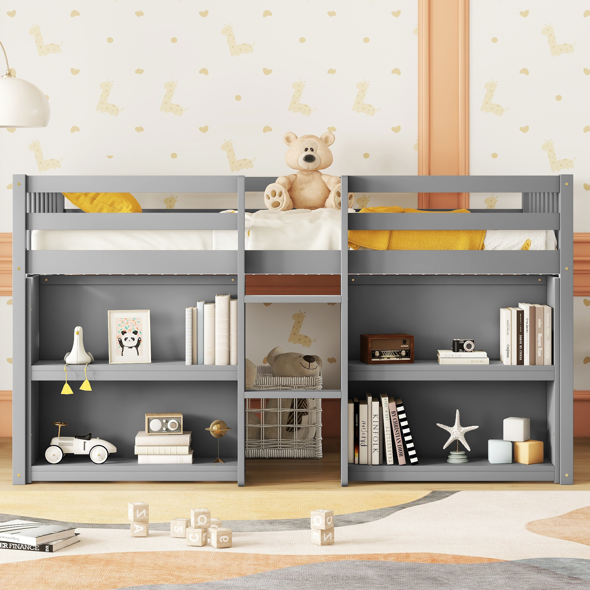Twin Size Kid Low Loft Bed With Two-tier Shelves and LED Light