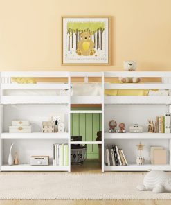 Twin Size Kid Low Loft Bed With Two-tier Shelves and LED Light