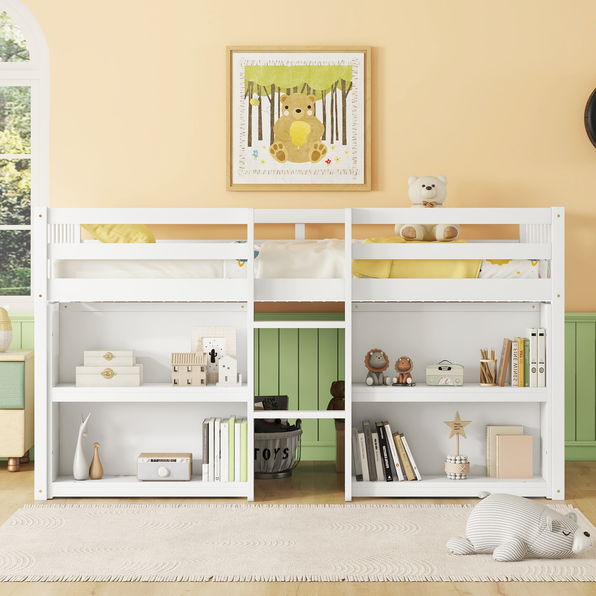 Twin Size Kid Low Loft Bed With Two-tier Shelves and LED Light