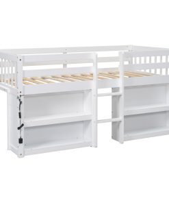 Twin Size Kid Low Loft Bed With Two-tier Shelves and LED Light
