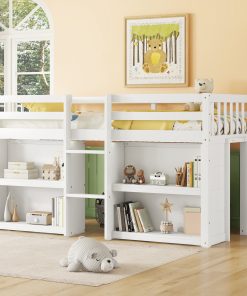 Twin Size Kid Low Loft Bed With Two-tier Shelves and LED Light