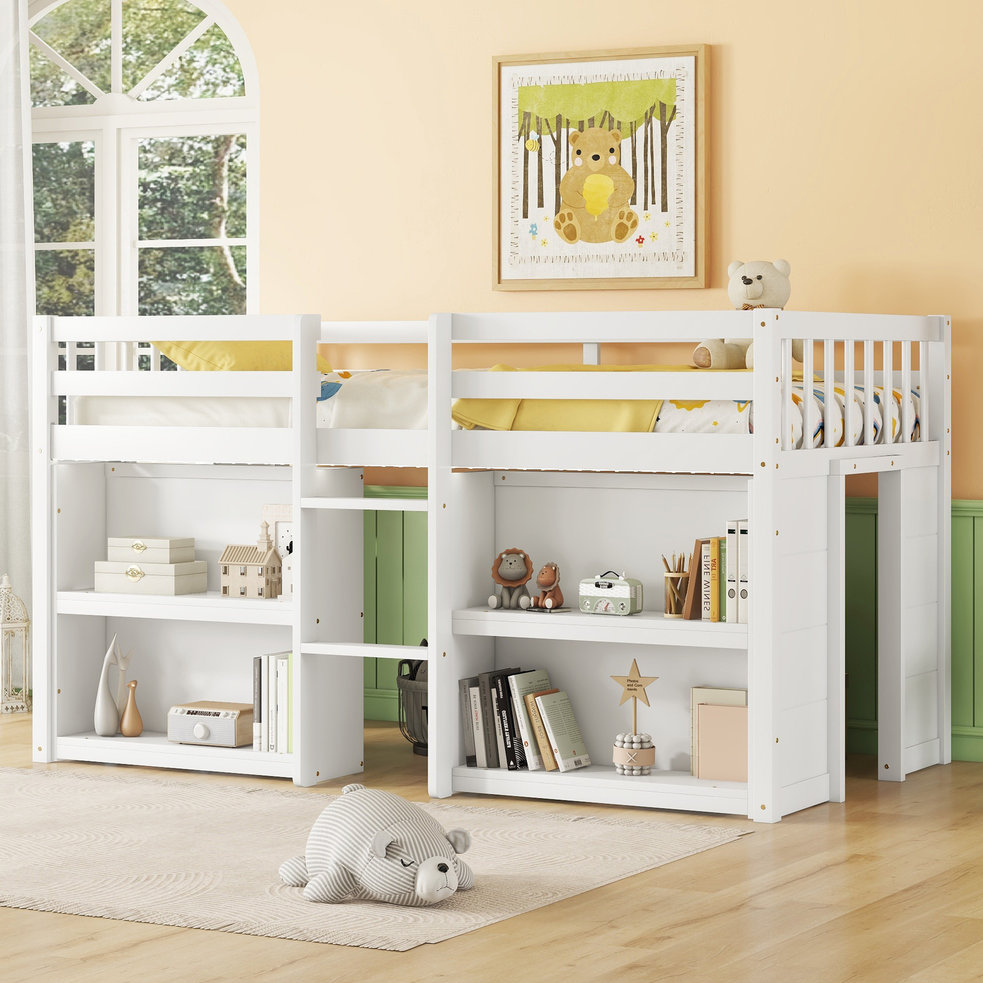 Twin Size Kid Low Loft Bed With Two-tier Shelves and LED Light