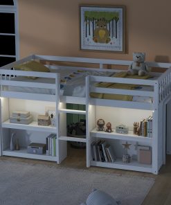 Twin Size Kid Low Loft Bed With Two-tier Shelves and LED Light