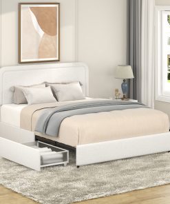 Queen Ivory Boucle Upholstered Platform Bed