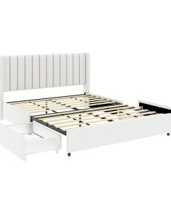 Queen Size Ivory Boucle Upholstered Platform Bed