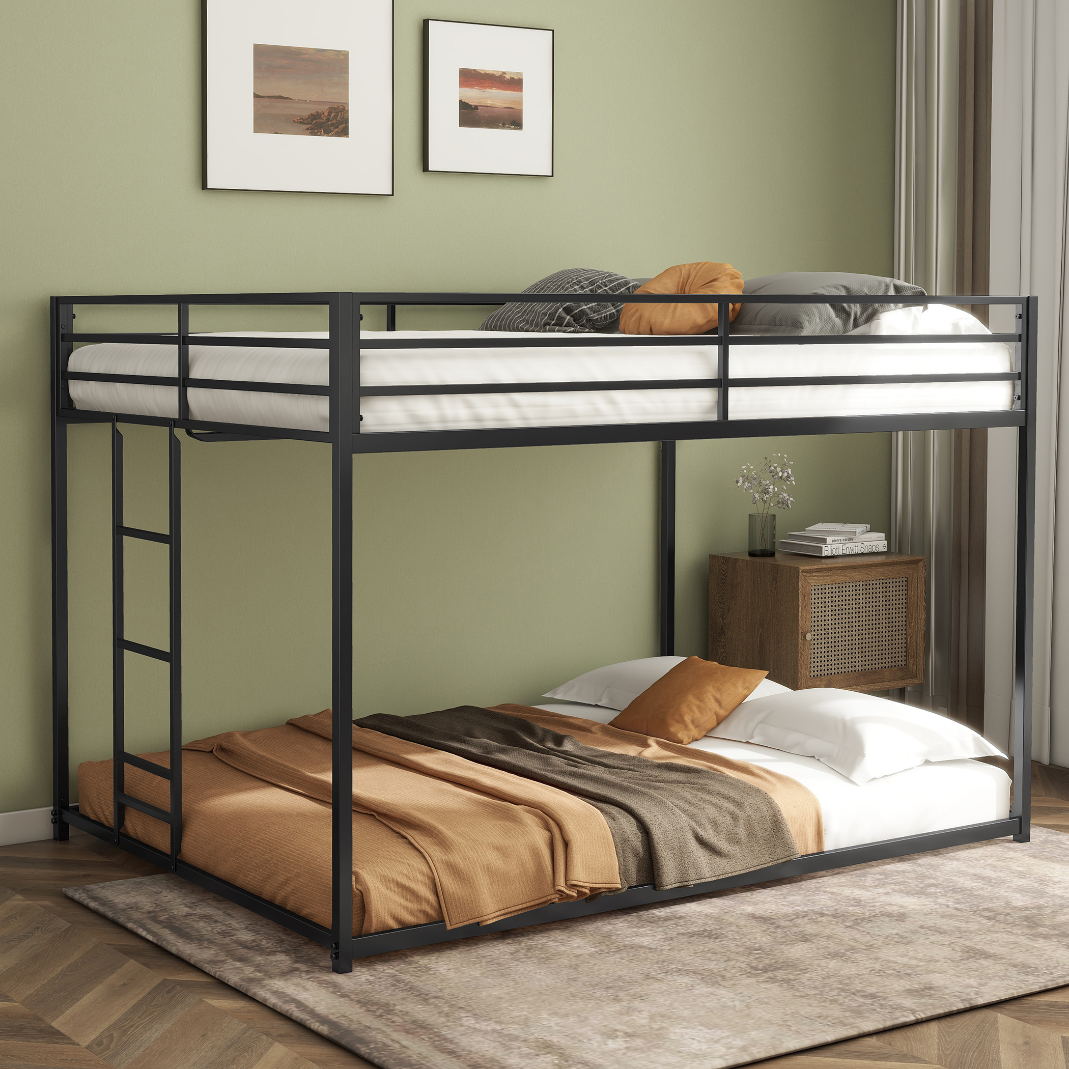 Metal Twin Over Full Bunk Bed with Ladder and Guardrails