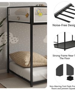 Black Twin Over Twin Bunk Bed With White Mesh Guard Rail