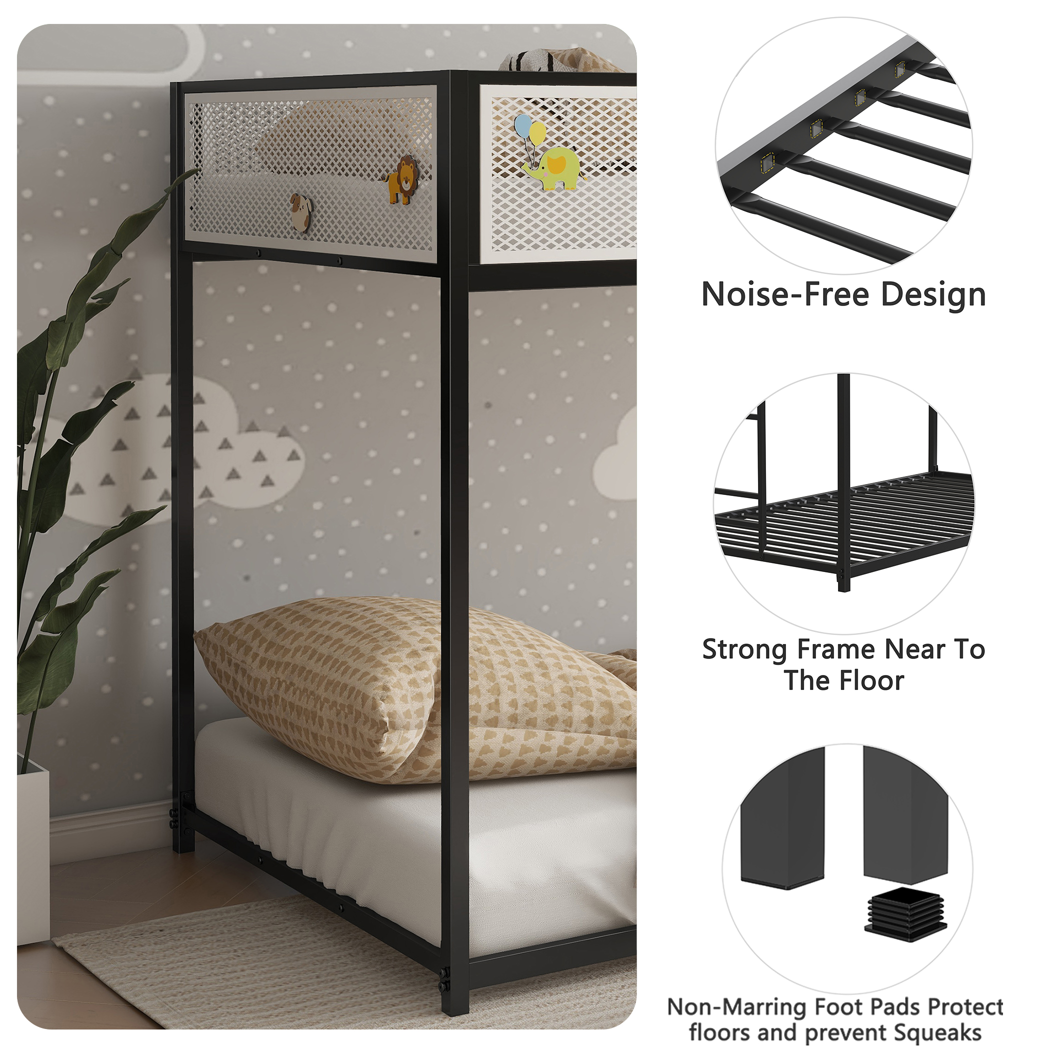 Black Twin Over Twin Bunk Bed With White Mesh Guard Rail