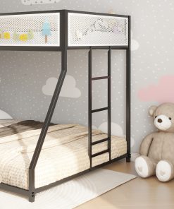 Metal Twin Over Full Bunk Bed with White Mesh Guard Rail