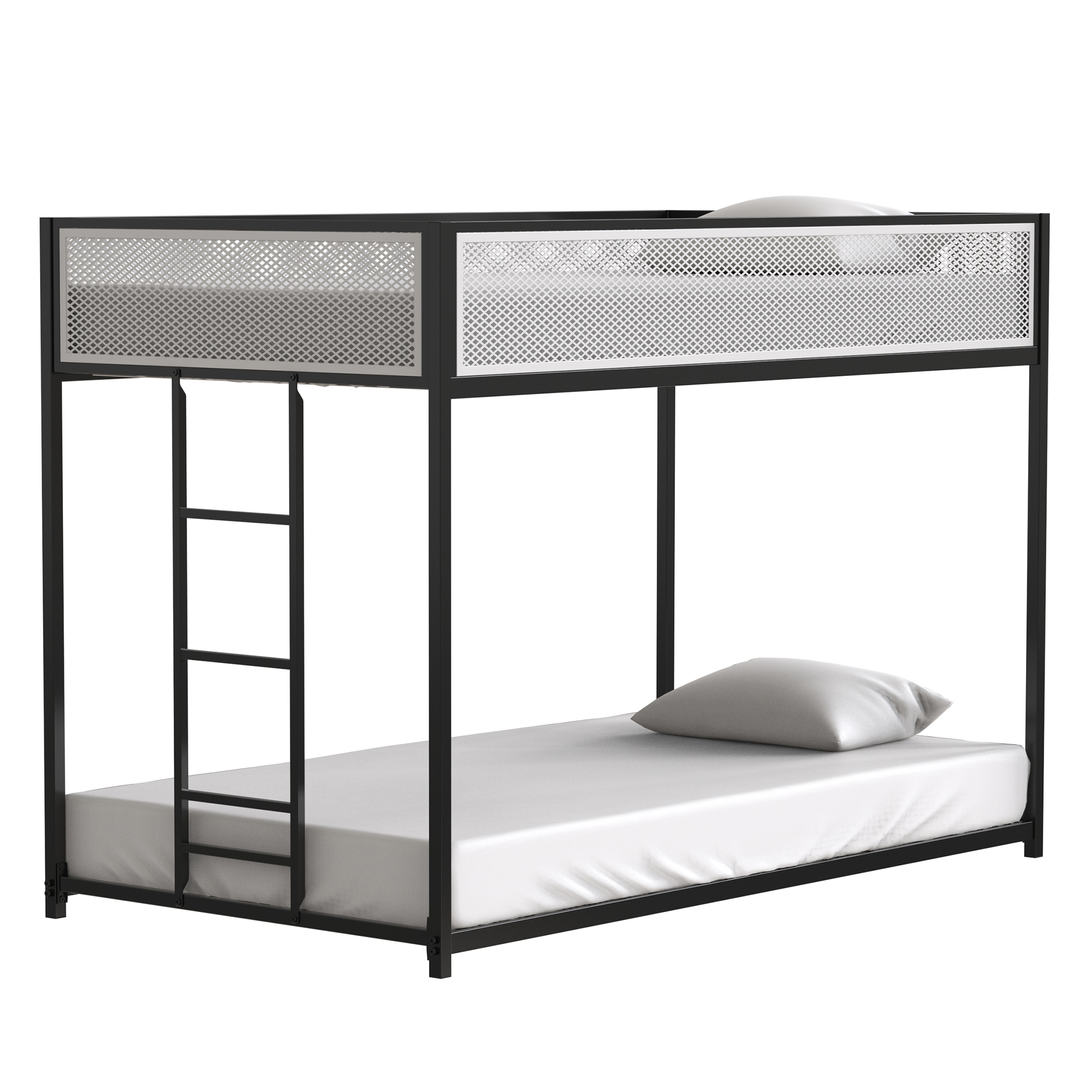 Black Twin Over Twin Bunk Bed With White Mesh Guard Rail