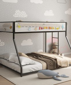 Metal Twin Over Full Bunk Bed with White Mesh Guard Rail
