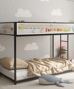 Black Twin Over Twin Bunk Bed With White Mesh Guard Rail